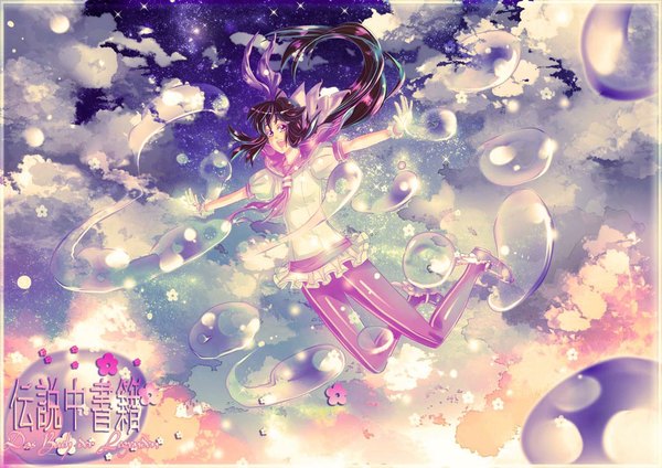 Anime picture 1024x724 with das buch der legenden masakohime (artist) single long hair open mouth black hair purple eyes sky ponytail happy spread arms flying jumping girl gloves bubble (bubbles)
