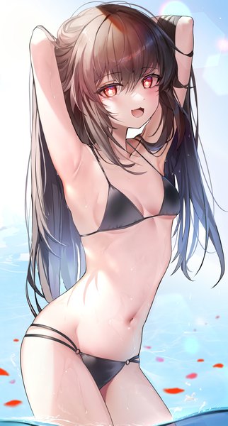 Anime picture 1946x3624 with genshin impact hu tao (genshin impact) lemontea (ekvr5838) single long hair tall image looking at viewer blush fringe highres breasts open mouth light erotic smile hair between eyes red eyes brown hair standing sky outdoors
