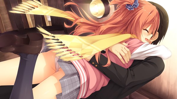 Anime picture 1280x720 with sanoba witch yuzusoft inaba meguru shuuji (sanoba witch) muririn kobuichi long hair blush short hair breasts open mouth light erotic smile wide image game cg orange hair from below hug one side up girl