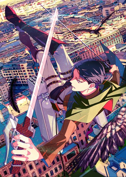 Anime-Bild 642x900 mit shingeki no kyojin production i.g levi (rivaille) zain single tall image short hair black hair looking away from above city cityscape flying boy weapon animal sword wings jacket bird (birds)