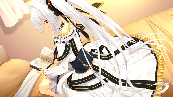 Anime picture 1024x576 with nekonade distortion nanakase kotoko long hair red eyes wide image twintails game cg white hair looking back loli girl book (books)