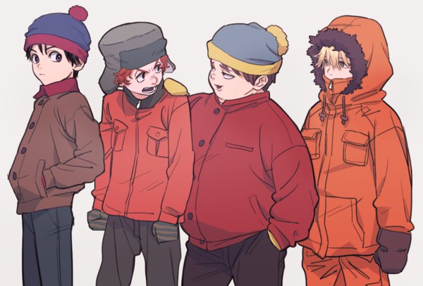 Anime picture 1000x678 with south park eric theodore cartman kenny mccormick kyle broflovski stanley randall marsh maiko (setllon) fringe short hair black hair simple background blonde hair hair between eyes brown hair looking away red hair black eyes grey background multiple boys covered mouth hand in pocket