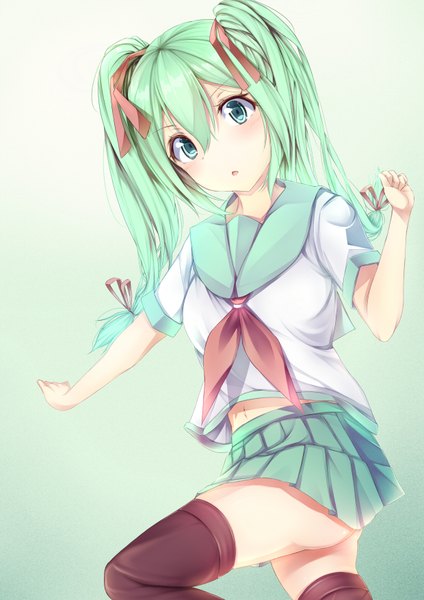 Anime picture 1240x1754 with vocaloid hatsune miku tagme (artist) single long hair tall image blush breasts light erotic simple background twintails bent knee (knees) ass pleated skirt aqua eyes aqua hair girl thighhighs skirt navel