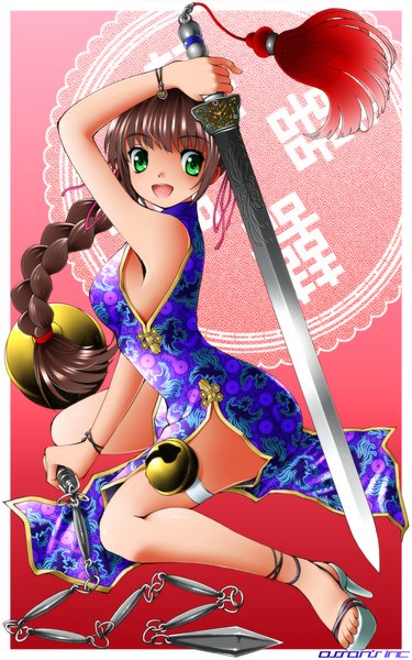 Anime picture 625x1000 with original dr rex single long hair tall image open mouth light erotic smile brown hair green eyes bent knee (knees) braid (braids) traditional clothes :d high heels single braid chinese clothes girl ribbon (ribbons) weapon