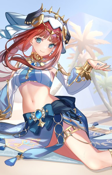 Anime picture 1654x2571 with genshin impact nilou (genshin impact) natsuki yoru single long hair tall image looking at viewer blush fringe smile twintails sky cloud (clouds) red hair blunt bangs long sleeves nail polish horn (horns) aqua eyes arm support