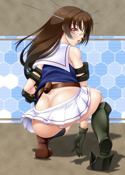 Anime picture 1000x1400 with kantai collection choukai heavy cruiser ayato single long hair tall image looking at viewer blush open mouth light erotic red eyes brown hair full body ass looking back from behind asymmetrical clothes girl skirt gloves