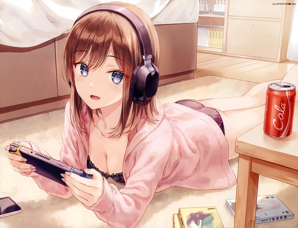 Anime picture 5156x3957 with original nintendo dengeki moeou coca-cola hiten (hitenkei) single long hair looking at viewer blush fringe highres open mouth blue eyes light erotic smile brown hair holding signed absurdres ass