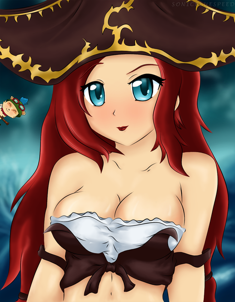 Anime picture 1012x1300 with league of legends miss fortune (league of legends) teemo (league of legends) sonicbluespeed single long hair tall image looking at viewer blush breasts blue eyes light erotic large breasts cleavage red hair girl pirate hat
