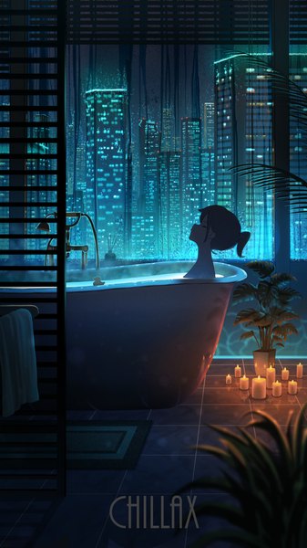 Anime picture 2160x3840 with original pasoputi single tall image highres short hair brown hair sitting ponytail indoors eyes closed night text city cityscape english steam city lights girl plant (plants)