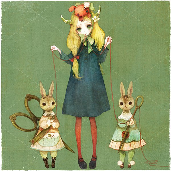 Anime picture 800x800 with original pechika single long hair looking at viewer blush blonde hair smile standing holding green eyes full body long sleeves head tilt hair flower horn (horns) arms up mouth hold green background girl