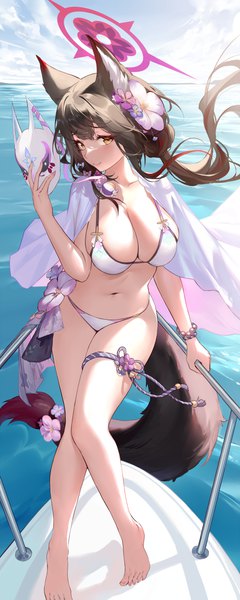 Anime picture 1500x3750 with blue archive wakamo (blue archive) wakamo (swimsuit) (blue archive) pdxen single long hair tall image blush fringe breasts light erotic hair between eyes brown hair sitting twintails holding animal ears yellow eyes sky cloud (clouds)