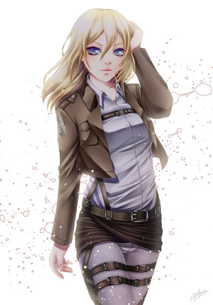 Anime picture 700x1000 with shingeki no kyojin production i.g krista lenz achikoako single long hair tall image looking at viewer blue eyes simple background blonde hair white background girl jacket belt