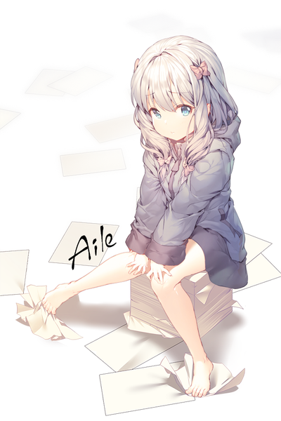 Anime picture 666x999 with eromanga sensei a-1 pictures izumi sagiri aile (crossroads) single long hair tall image blush fringe blue eyes simple background white background sitting signed silver hair full body barefoot from above bare legs embarrassed