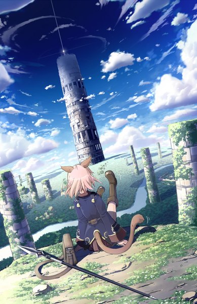 Anime picture 1000x1540 with original mochizuki saku single tall image short hair blonde hair sitting animal ears cloud (clouds) animal tail girl weapon plant (plants) boots spear tower