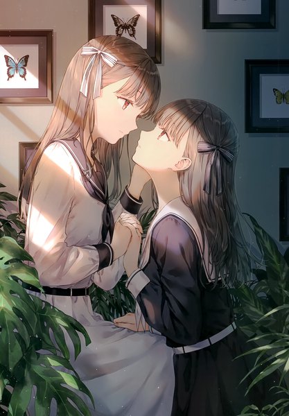 Anime picture 2406x3464 with original hiten (hitenkei) long hair tall image fringe highres black hair red eyes standing sitting multiple girls indoors blunt bangs long sleeves profile sunlight scan holding hands shoujo ai face to face