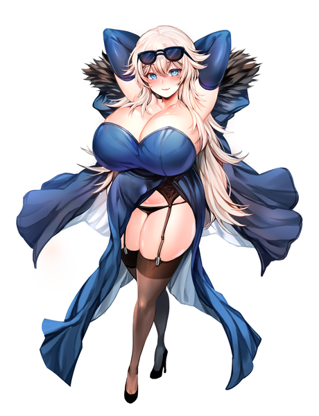 Anime picture 1600x2087 with elsword zerocat single long hair tall image looking at viewer blush fringe breasts blue eyes light erotic simple background blonde hair smile hair between eyes standing cleavage full body arms up high heels