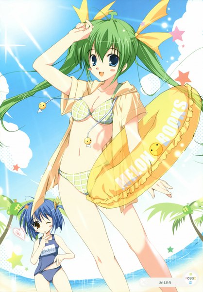 Anime picture 1526x2189 with melonbooks melon revival collection melon-chan mikeou long hair tall image blush short hair blue eyes light erotic twintails multiple girls brown eyes blue hair one eye closed green hair wink sunlight beach girl