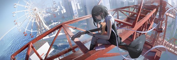 Anime picture 4000x1365 with original ata-zhubo single long hair highres black hair wide image sitting outdoors profile from above crossed legs city cityscape fisheye girl water socks sea building (buildings)