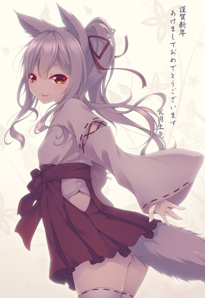 Anime picture 1100x1600 with original shokuyou mogura single long hair tall image looking at viewer red eyes animal ears ponytail tail traditional clothes japanese clothes animal tail light smile grey hair inscription hieroglyph miko girl ribbon (ribbons)