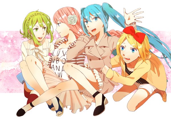Anime picture 5787x4092 with vocaloid hatsune miku megurine luka kagamine rin gumi long hair looking at viewer highres short hair open mouth blue eyes blonde hair smile twintails multiple girls green eyes looking away pink hair absurdres very long hair