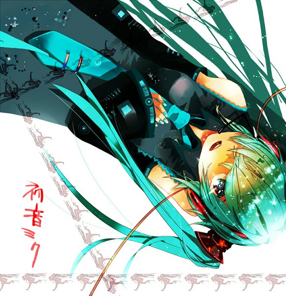 Anime picture 1100x1137 with vocaloid hatsune miku kakku single long hair tall image looking at viewer fringe open mouth twintails nail polish aqua eyes hair over one eye aqua hair character names upside down girl uniform school uniform detached sleeves
