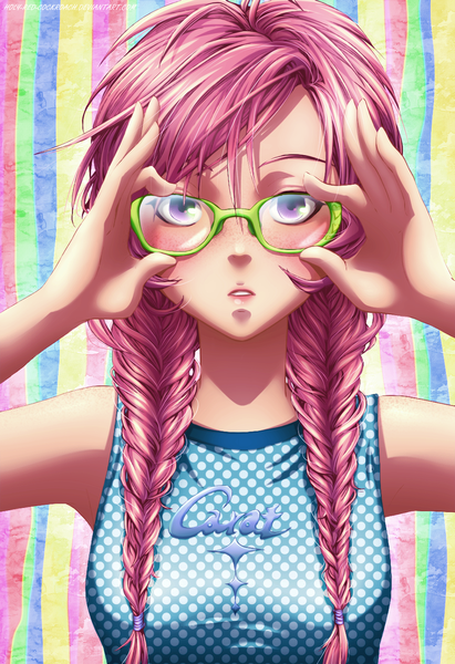Anime picture 1024x1492 with carat! (manga) holy-red-cockroach single long hair tall image purple eyes pink hair braid (braids) lips twin braids portrait striped face polka dot freckles adjusting glasses striped background girl glasses