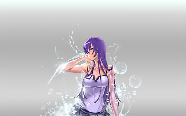 Anime picture 1920x1200 with highschool of the dead madhouse busujima saeko satou shouji lubiga single long hair highres blue eyes smile bare shoulders purple hair grey background gradient background girl water bubble (bubbles)