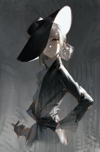 Anime picture 1677x2556 with reverse:1999 vertin (reverse:1999) dino (dinoartforame) single tall image short hair simple background looking away silver hair upper body grey background grey eyes hair bun (hair buns) hand on hip portrait hat over eyes girl gloves hat black gloves