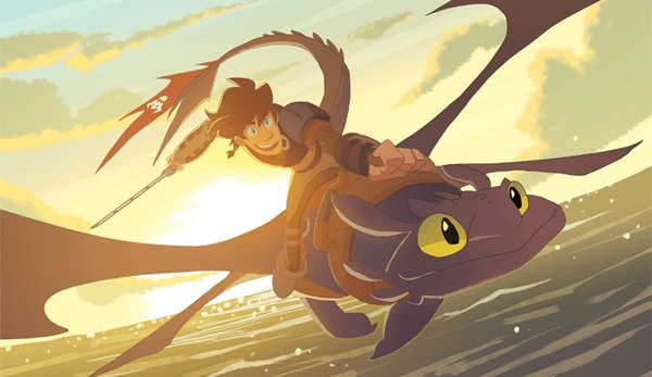 Anime picture 1400x810 with how to train your dragon dreamworks toothless hiccup horrendous haddock iii nargyle single short hair open mouth brown hair wide image sitting sky evening sunset flying fantasy boy weapon sword sea