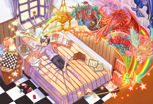 Anime picture 1200x819 with wednesday (starsilver) long hair short hair black hair blonde hair cloud (clouds) lying looking back orange hair city striped checkered floor fantasy floor crescent space crossover fairy knight girl
