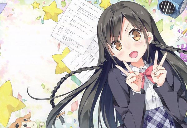 Anime-Bild 3391x2334 mit koi suru kanojo no bukiyou na butai nanase sena kantoku single long hair looking at viewer blush fringe highres open mouth black hair smile yellow eyes absurdres braid (braids) :o victory happy >:o girl