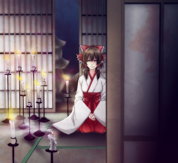 Anime picture 1200x1100 with touhou hakurei reimu karasiro (artist) single long hair looking at viewer highres smile brown hair sitting brown eyes traditional clothes japanese clothes miko girl bow hair bow hair tubes candle (candles) flame