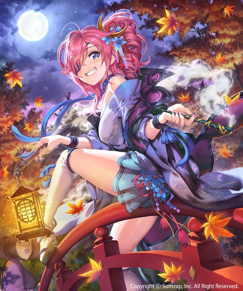 Anime picture 1250x1500 with sengoku enbu-kizna- hhama long hair tall image looking at viewer fringe short hair breasts open mouth smile brown hair standing sitting purple eyes multiple girls holding brown eyes payot pink hair cloud (clouds)