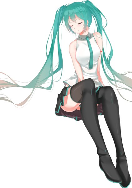 Anime picture 1240x1753 with vocaloid hatsune miku u.n.k. single tall image simple background white background twintails bare shoulders eyes closed very long hair aqua hair girl thighhighs skirt black thighhighs miniskirt necktie