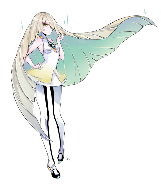 Anime picture 3500x4000 with pokemon pokemon sm nintendo lusamine (pokemon) rinrin (hiouurin) single tall image looking at viewer fringe highres simple background blonde hair standing white background green eyes absurdres full body very long hair multicolored hair hair over one eye