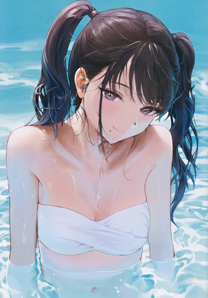 Anime picture 4881x6965 with idolmaster idolmaster shiny colors kazano hiori ame (uten cancel) single long hair tall image looking at viewer blush fringe highres breasts light erotic black hair smile twintails absurdres blunt bangs head tilt black eyes