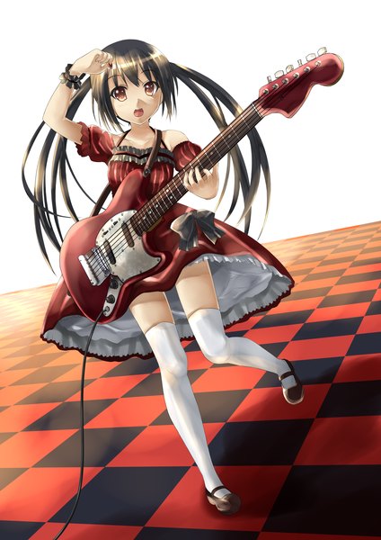 Anime picture 1982x2804 with k-on! kyoto animation nakano azusa kisaragi miyu single long hair tall image highres black hair twintails brown eyes checkered floor checkered thighhighs dress white thighhighs musical instrument guitar