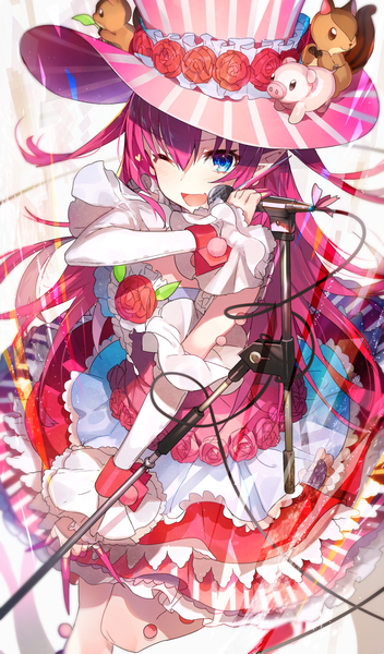 Anime picture 704x1200 with fate (series) fate/extra fate/extra ccc elizabeth bathory (fate) (all) elizabeth bathory (fate) mika pikazo single long hair tall image looking at viewer blush fringe open mouth blue eyes hair between eyes holding pink hair bent knee (knees) one eye closed arm up