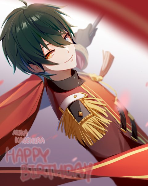 Anime picture 800x1000 with ensemble stars! kagehira mika asd13 single tall image looking at viewer fringe short hair black hair smile hair between eyes from above character names heterochromia happy birthday boy tassel epaulettes
