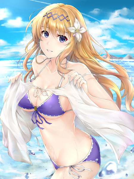 Anime-Bild 4500x6000 mit granblue fantasy jeanne d'arc (granblue fantasy) rei kun single long hair tall image looking at viewer fringe highres breasts blue eyes light erotic blonde hair hair between eyes large breasts standing bare shoulders holding payot absurdres