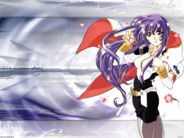 Anime picture 1024x768 with martian successor nadesico xebec misumaru yurika single long hair fringe blue eyes smile hair between eyes standing payot purple hair copyright name arched back girl uniform flower (flowers) petals pantyhose belt