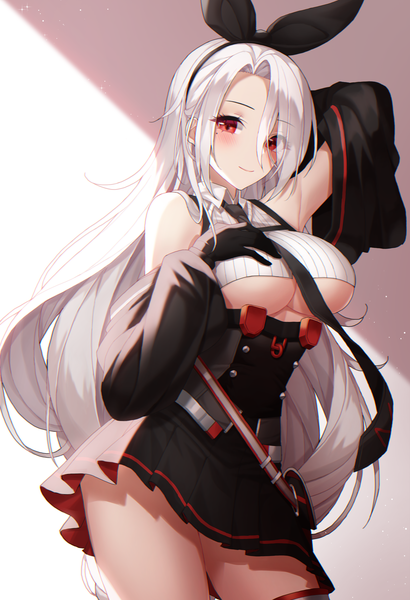 Anime picture 2742x4012 with azur lane prinz heinrich (azur lane) meoyo single tall image looking at viewer blush fringe highres breasts light erotic smile red eyes large breasts standing bare shoulders payot silver hair very long hair pleated skirt
