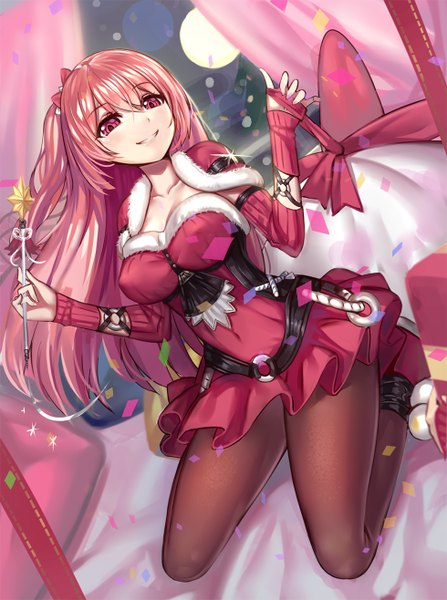 Anime picture 980x1316 with original emily stock ririko (zhuoyandesailaer) single long hair tall image looking at viewer smile pink hair pink eyes one side up christmas girl dress detached sleeves pantyhose gift confetti
