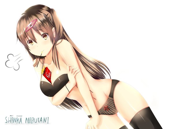 Anime picture 5905x4411 with chuunibyou demo koi ga shitai! kyoto animation nibutani shinka hews single long hair looking at viewer highres light erotic simple background brown hair white background yellow eyes absurdres underwear only girl thighhighs hair ornament underwear panties