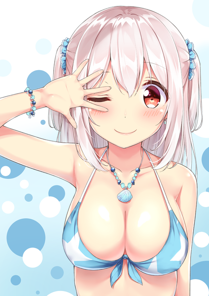 Anime picture 2894x4093 with original tisshu (karutamo) karutamo single tall image looking at viewer blush fringe highres short hair breasts light erotic smile hair between eyes red eyes large breasts white background cleavage silver hair upper body
