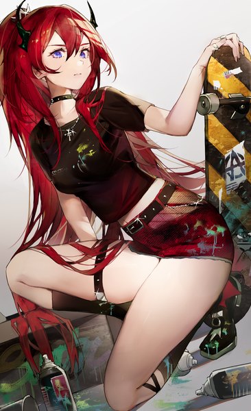 Anime picture 975x1600 with arknights surtr (arknights) surtr (liberte echec) (arknights) qiandaiyiyu single tall image looking at viewer fringe breasts light erotic simple background purple eyes bent knee (knees) ponytail red hair very long hair parted lips head tilt horn (horns) sparkle