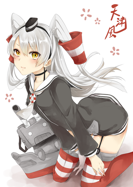Anime picture 2500x3504 with kantai collection amatsukaze destroyer rensouhou-kun akit (15jamjam) single long hair tall image looking at viewer highres white background yellow eyes white hair two side up girl thighhighs hair ornament weapon hat hair tubes sailor suit