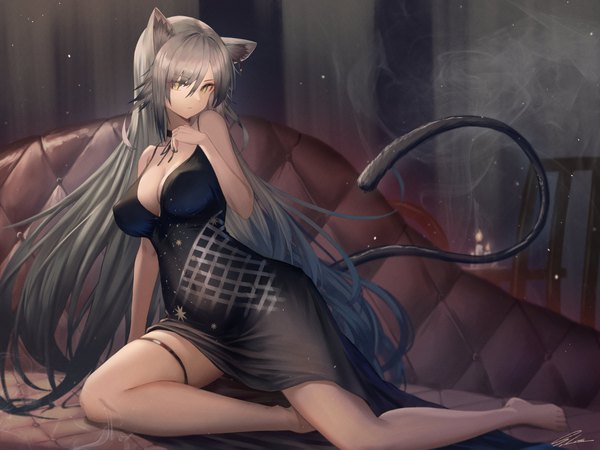 Anime picture 4000x3000 with arknights schwarz (arknights) ioriwu8 single long hair looking at viewer fringe highres breasts light erotic hair between eyes large breasts sitting bare shoulders signed animal ears yellow eyes absurdres cleavage silver hair