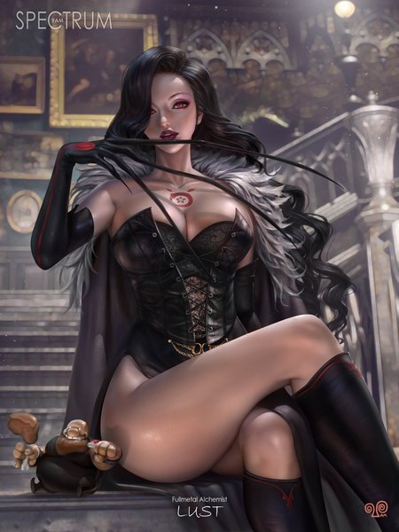 Anime picture 3000x4000 with fullmetal alchemist studio bones lust gluttony yam spectrum long hair tall image looking at viewer blush fringe highres breasts light erotic black hair red eyes large breasts sitting holding signed cleavage