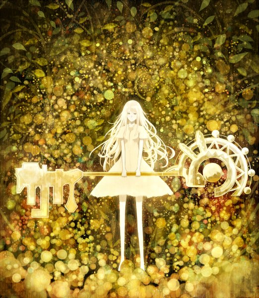 Anime picture 1111x1277 with original bounin single long hair tall image looking at viewer short hair smile standing green eyes white hair barefoot girl dress white dress leaf (leaves) key